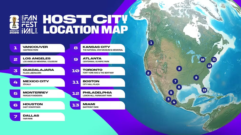 Kaart met 13 locaties van het FIFA Fan Fest