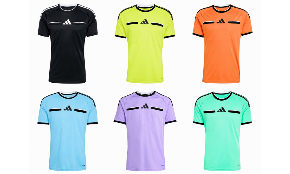 6 tenue's voor de scheidsrechters in verschillende kleuren: zwart, groen, geel, oranje, lichtblauw en paars