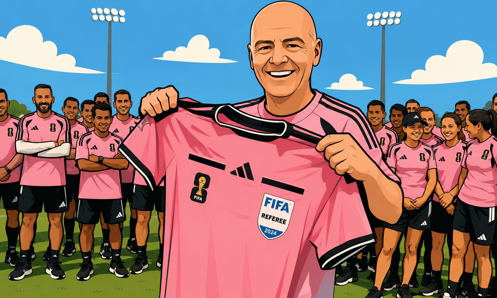 Het roze scheidsrechterstenue wordt getoond door Infantino