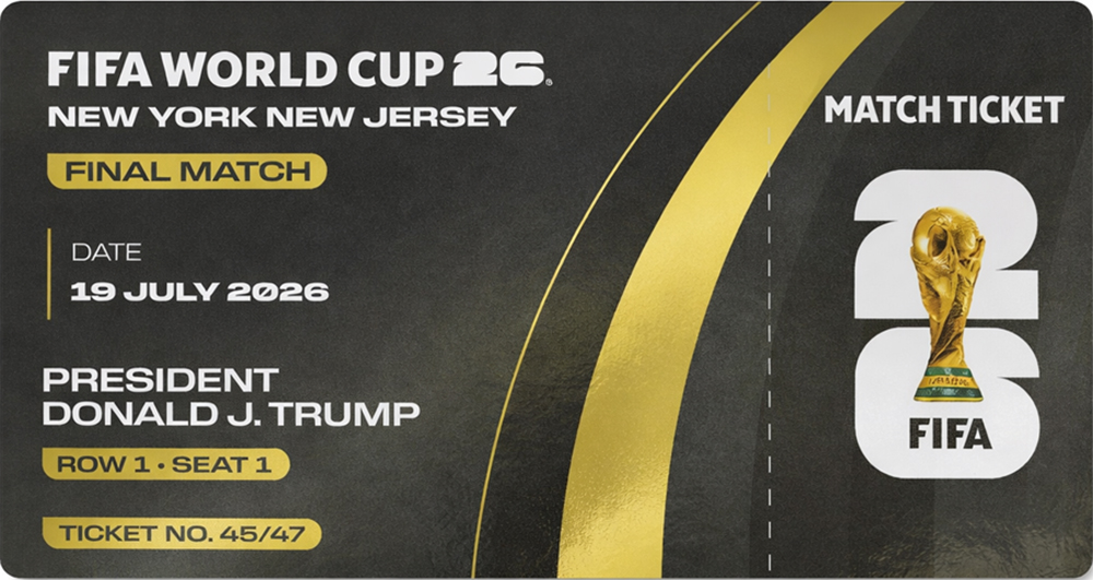 Voorbeeld van het WK-ticket voor de finale op naam van president Donald J. Trump