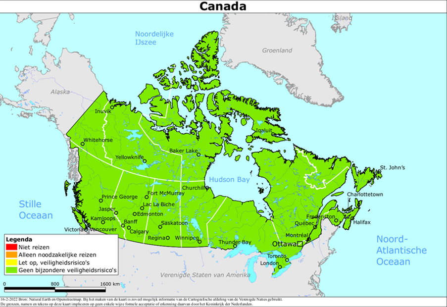 Kaart met de kleurcode groen als reisadvies voor geheel Canada