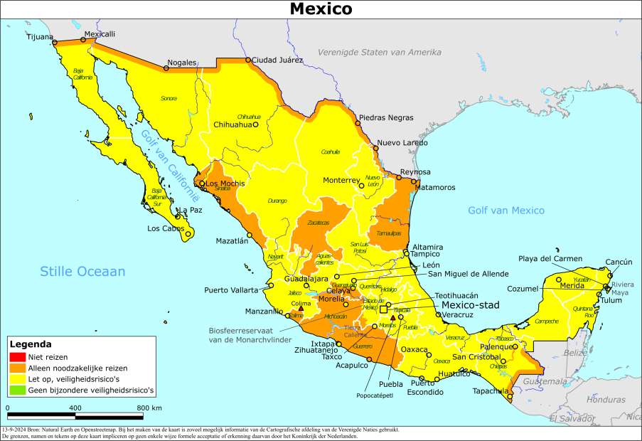 Kaart met de kleurcodes geel, oranje en rood als reisadvies voor Mexico