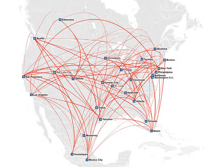 Kaart met de vliegvelden en -routes van en tussen steden van het WK 2026