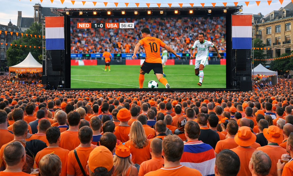 Foto van een wedstrijd van Nederland op een groot scherm op een plein